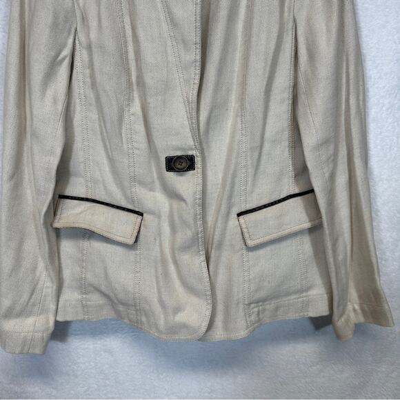 Lafayette 148 Linen Blend Cream Faux Leather Trim Long Sleeve Blazer Jacket 10‎ - Picture 3 of 10